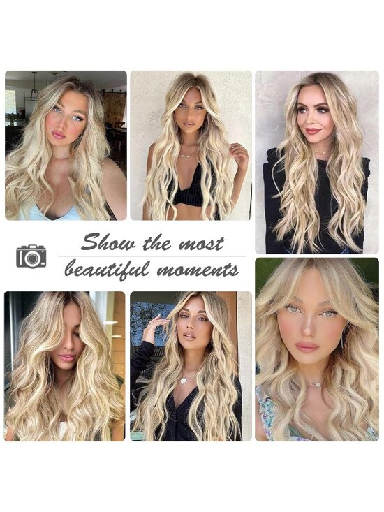 Women\'s Blonde Heat Resistant Long Curly Wavy Synthetic Wig with Bangs Size 26In